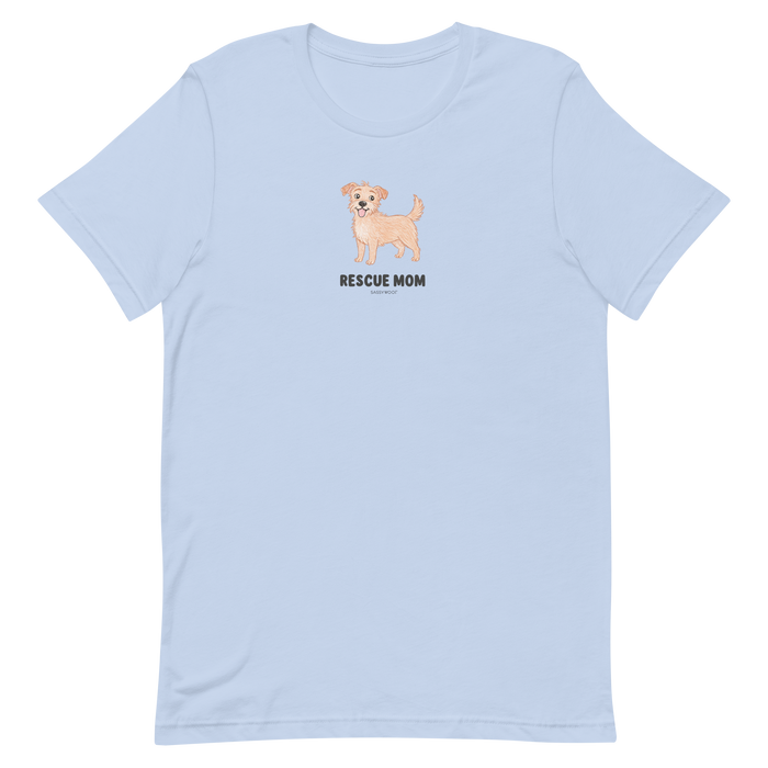 The Sassy Woof Rescue Mom Tee is a light blue unisex cotton shirt with a small tan dog illustration above "RESCUE MOM" in black, centered on the chest—ideal for any proud rescue mom's t-shirt collection.
