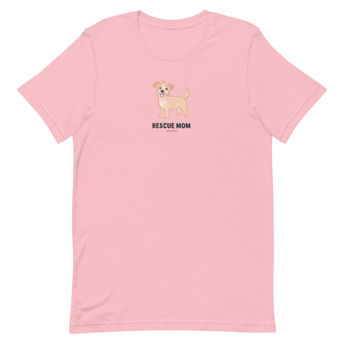 The Sassy Woof Rescue Mom Tee is a pink unisex cotton shirt with a cute cartoon dog, perfect for proud pet parents and breed lovers.