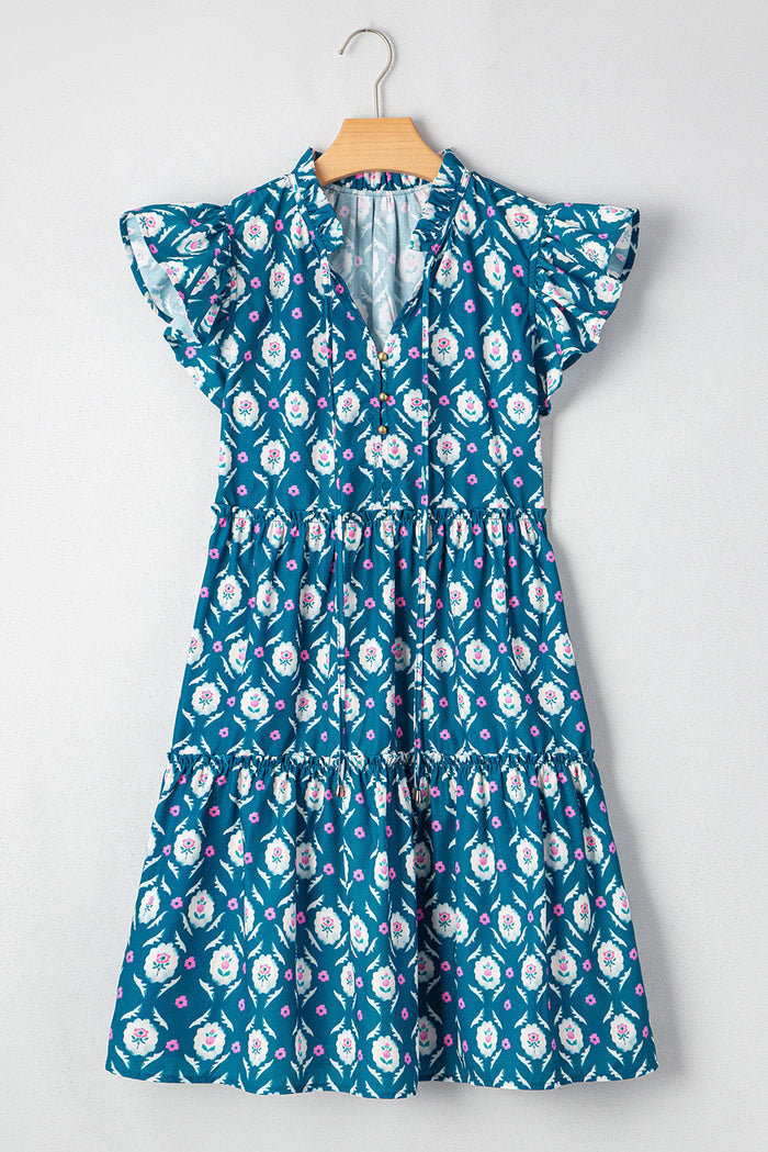 Blue Retro Floral Print Split Neck Ruffle Short Sleeve Dress - Dresses/Floral Dresses