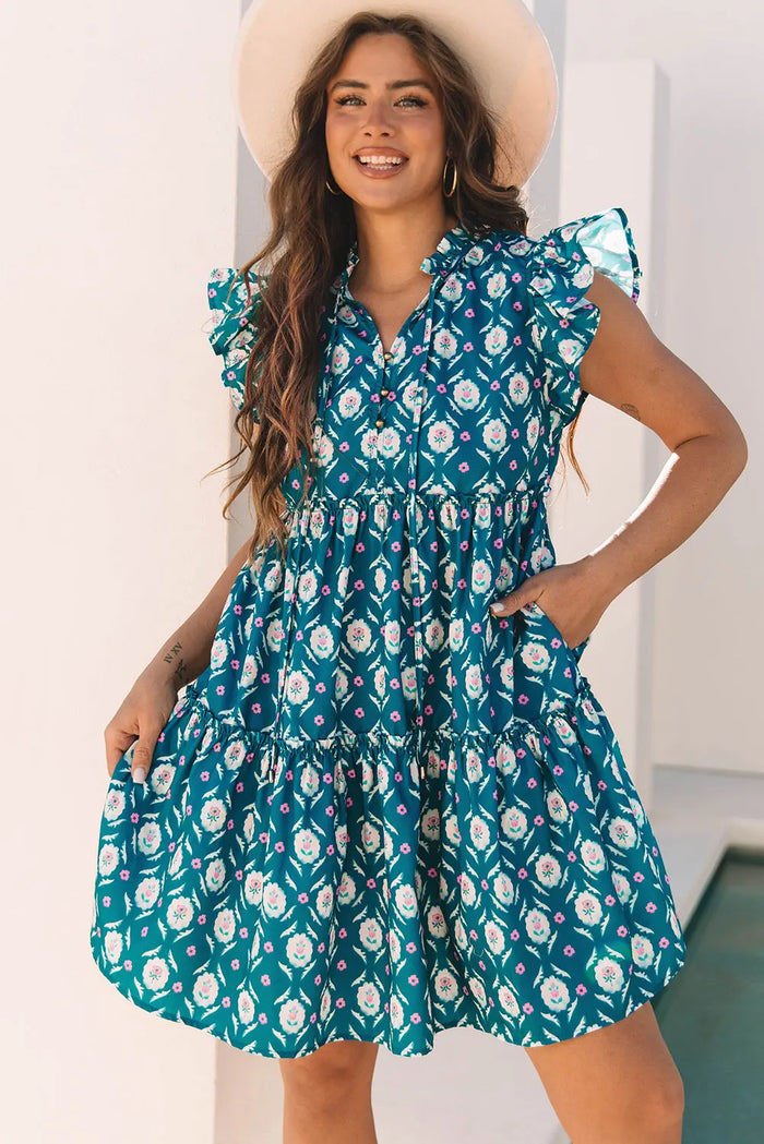 Blue Retro Floral Print Split Neck Ruffle Short Sleeve Dress - S / 100% Polyester - Dresses/Floral Dresses