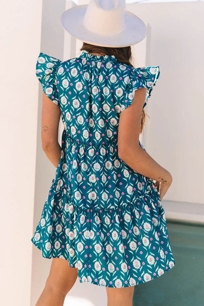 Blue Retro Floral Print Split Neck Ruffle Short Sleeve Dress - Dresses/Floral Dresses