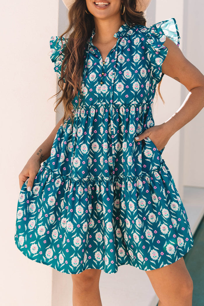 Blue Retro Floral Print Split Neck Ruffle Short Sleeve Dress - Dresses/Floral Dresses