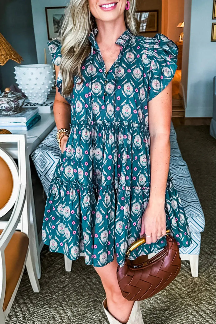 Blue Retro Floral Print Split Neck Ruffle Short Sleeve Dress - Dresses/Floral Dresses