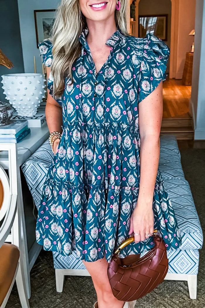 Blue Retro Floral Print Split Neck Ruffle Short Sleeve Dress - Dresses/Floral Dresses