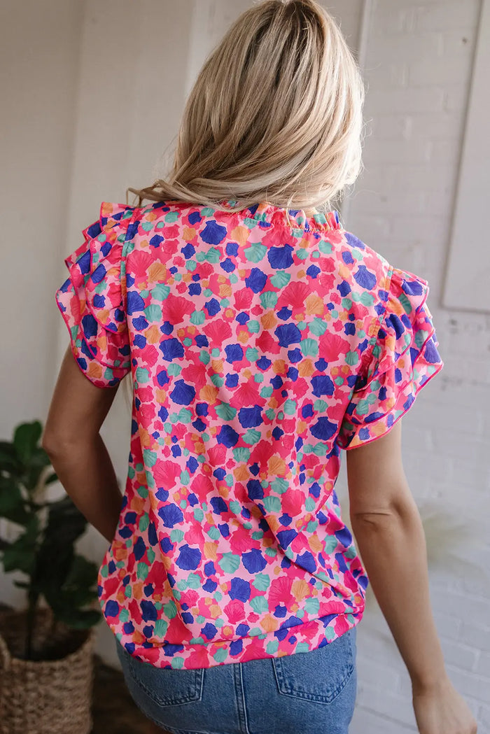 Rose Red Abstract Print Ruffled Sleeve V Neck Blouse - Tops/Blouses & Shirts