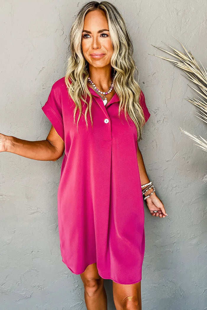 Rose Red Buttoned Collar Shift T-shirt Mini Dress - Dresses/Mini Dresses