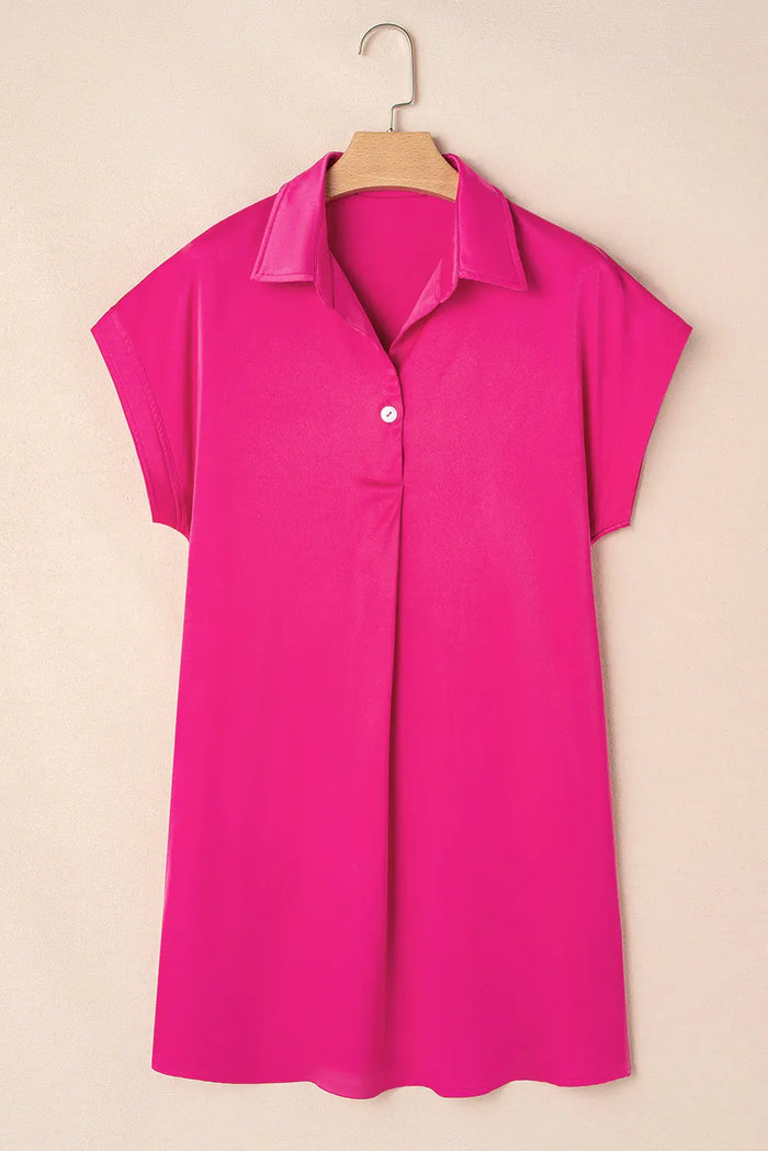 Rose Red Buttoned Collar Shift T-shirt Mini Dress - Dresses/Mini Dresses