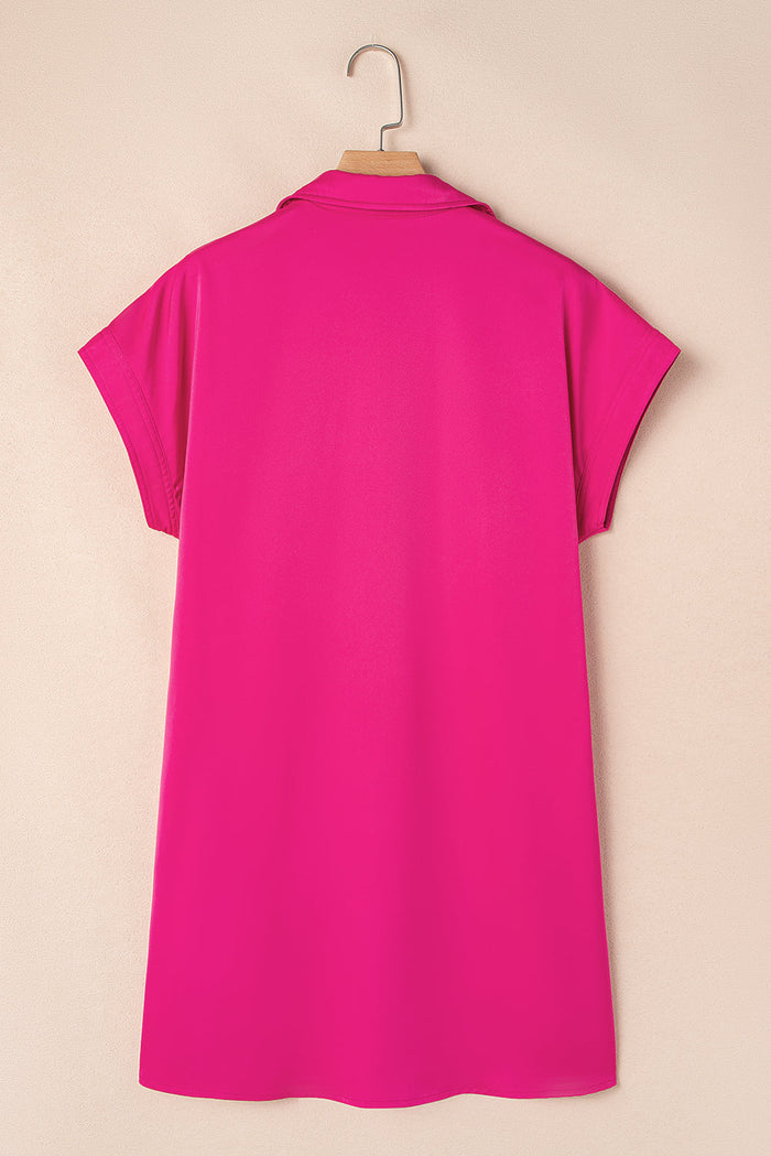 Rose Red Buttoned Collar Shift T-shirt Mini Dress - Dresses/Mini Dresses