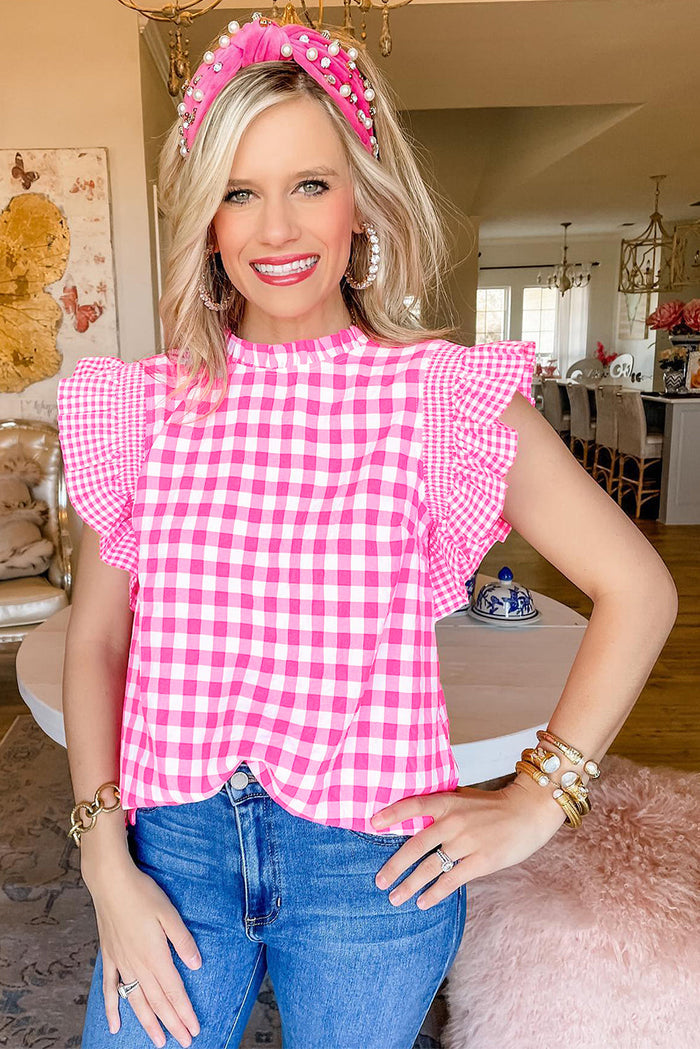 Rose Red Checkered Ruffled Sleeve Frilled Neck Blouse - Tops/Blouses & Shirts