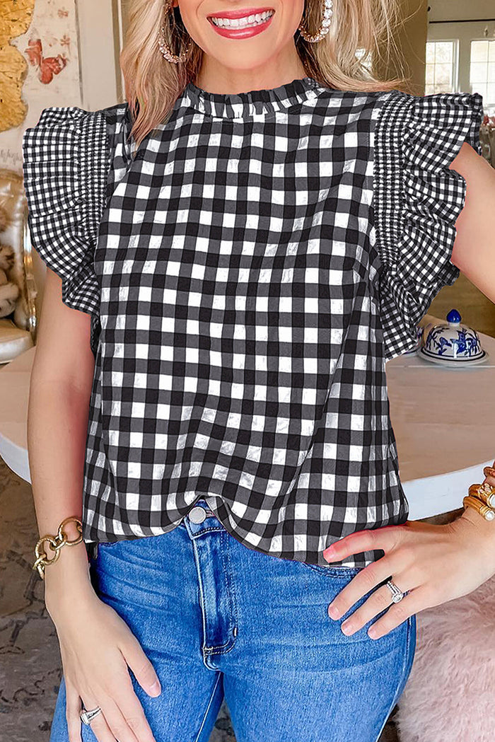 Rose Red Checkered Ruffled Sleeve Frilled Neck Blouse - BLACK / S / 100% COTTON - Tops/Blouses & Shirts