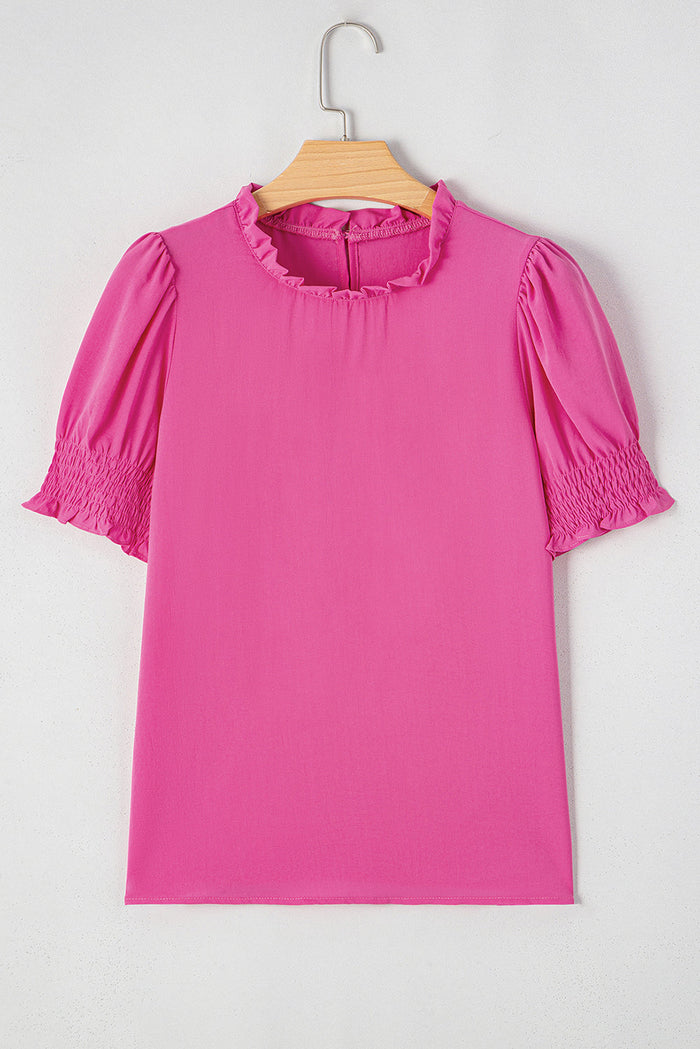 Rose Solid Colour Smocked Puff Sleeve Blouse - Tops/Blouses & Shirts