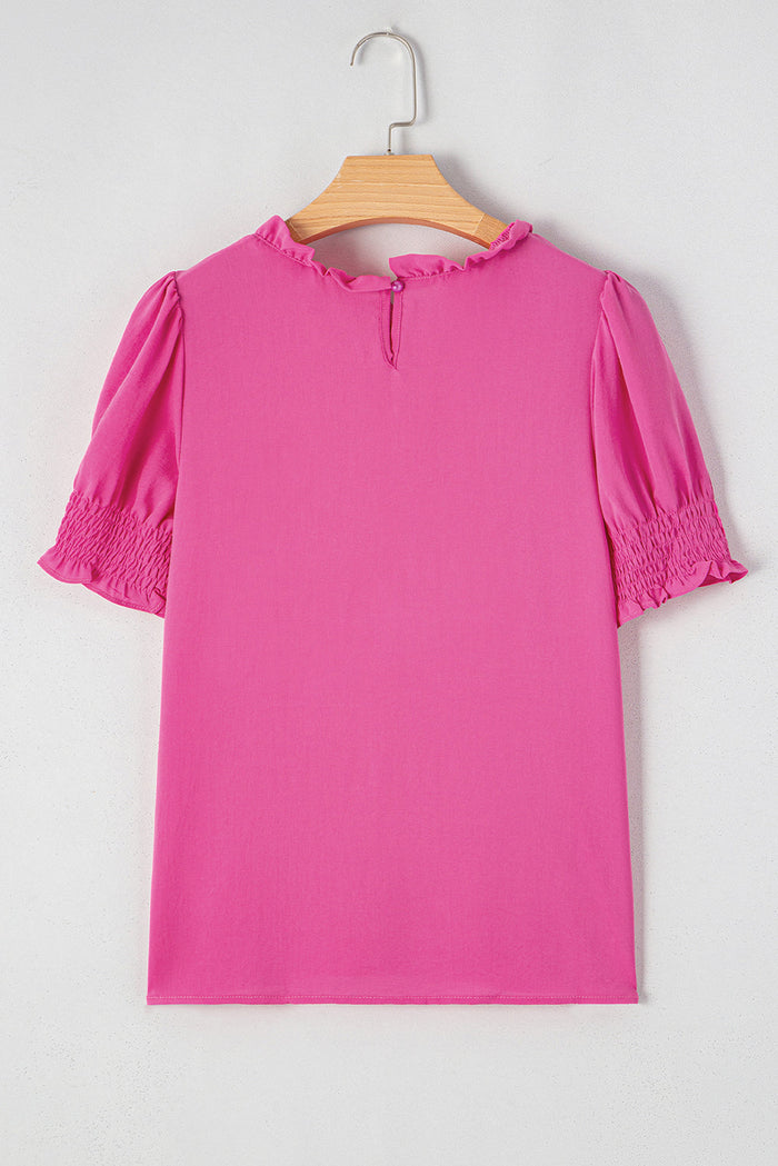 Rose Solid Colour Smocked Puff Sleeve Blouse - Tops/Blouses & Shirts