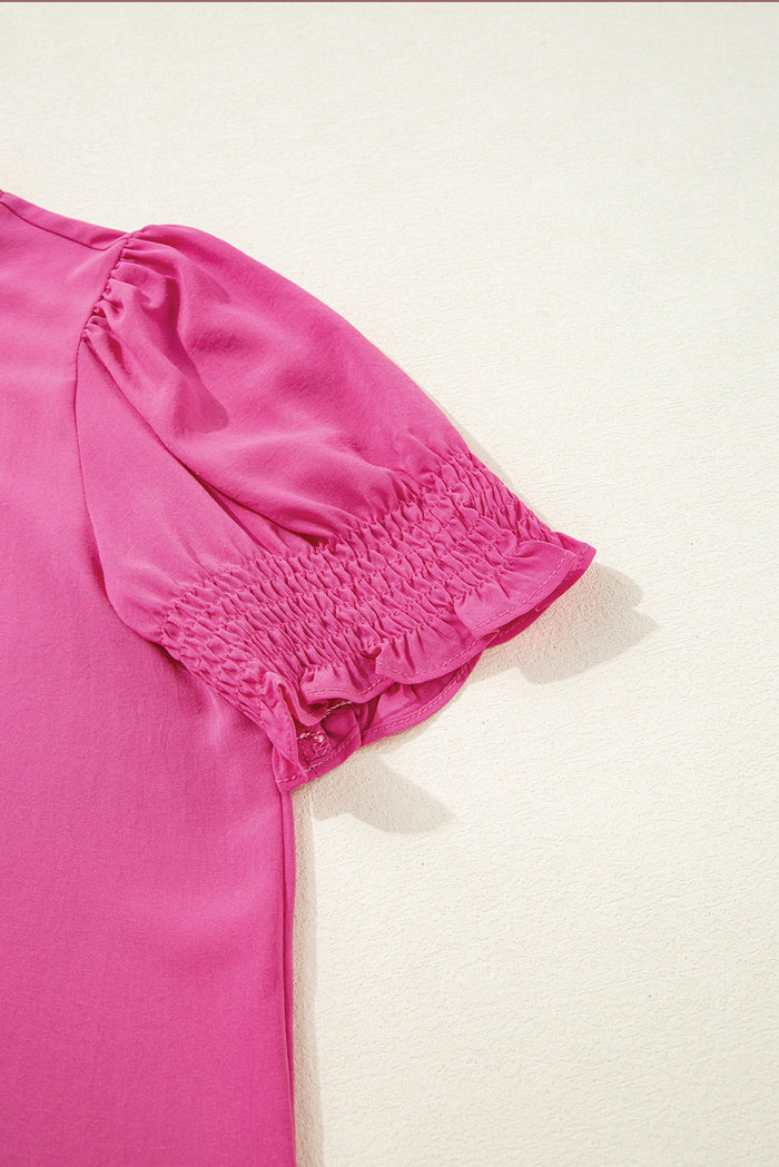 Rose Solid Colour Smocked Puff Sleeve Blouse - Tops/Blouses & Shirts
