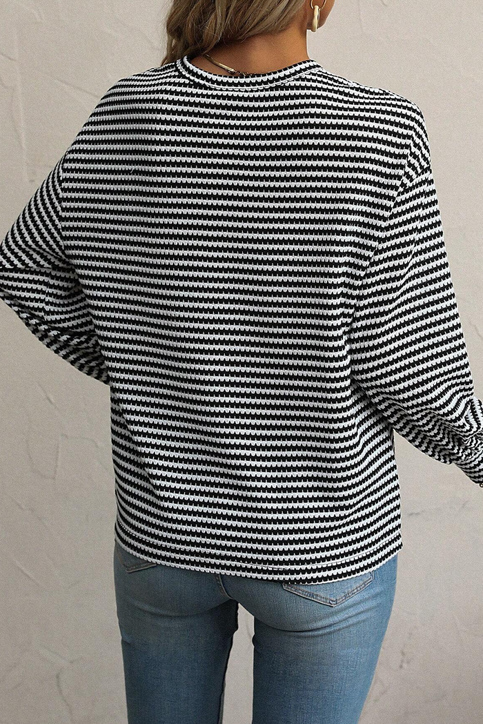 Rose Stripe Round Neck Drop Shoulder Long Sleeve Top - Tops/Long Tops