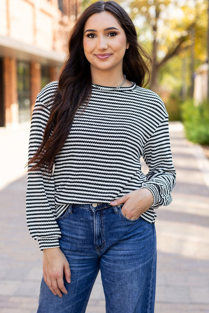 Rose Stripe Round Neck Drop Shoulder Long Sleeve Top - Tops/Long Tops