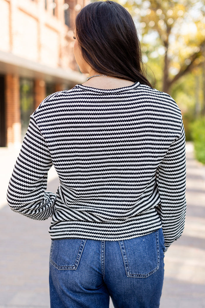 Rose Stripe Round Neck Drop Shoulder Long Sleeve Top - Tops/Long Tops