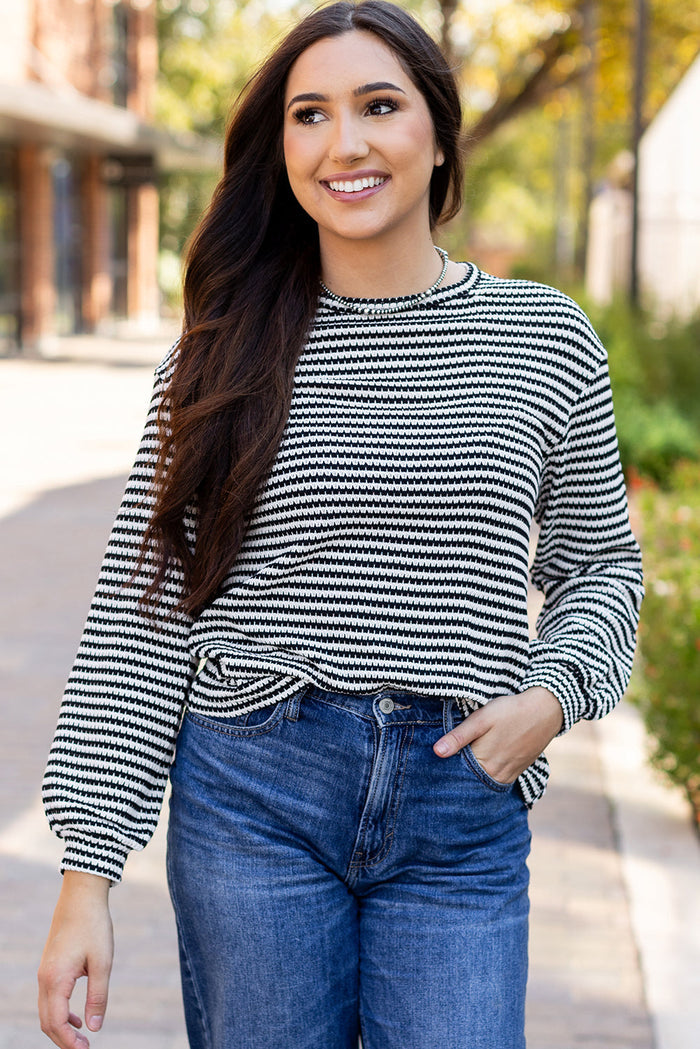 Rose Stripe Round Neck Drop Shoulder Long Sleeve Top - Tops/Long Tops