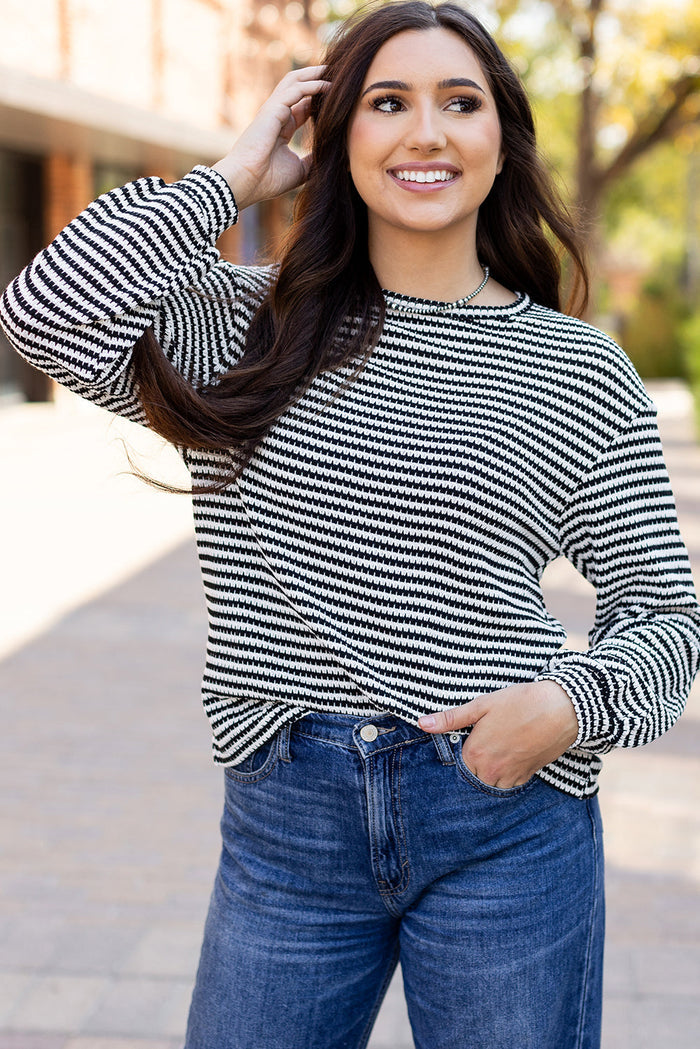 Rose Stripe Round Neck Drop Shoulder Long Sleeve Top - Tops/Long Tops
