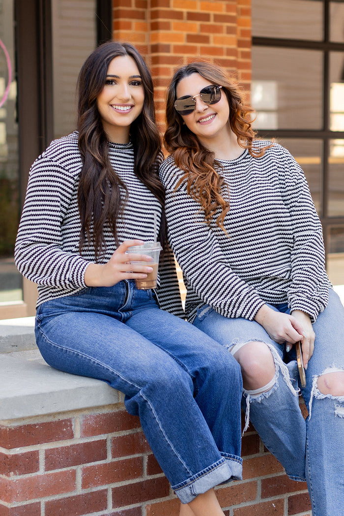 Rose Stripe Round Neck Drop Shoulder Long Sleeve Top - Tops/Long Tops