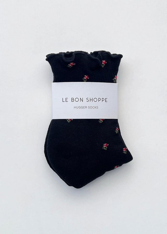 Ruffled Hugger Crew Socks - Black Petal