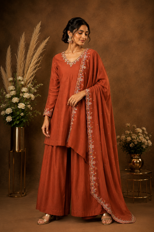 Rust Embroidered Kurta Palazzo Set with Dupatta