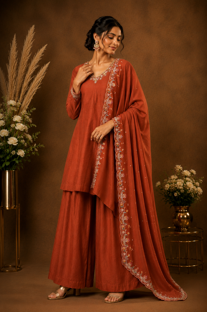 Rust Embroidered Kurta Palazzo Set with Dupatta