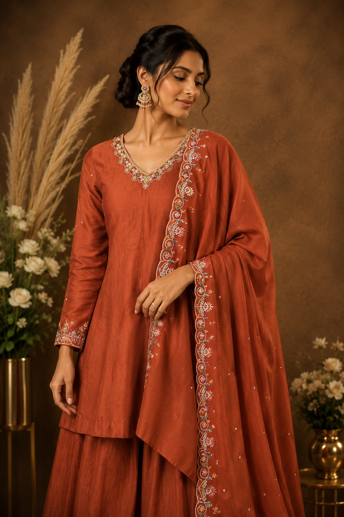 Rust Embroidered Kurta Palazzo Set with Dupatta