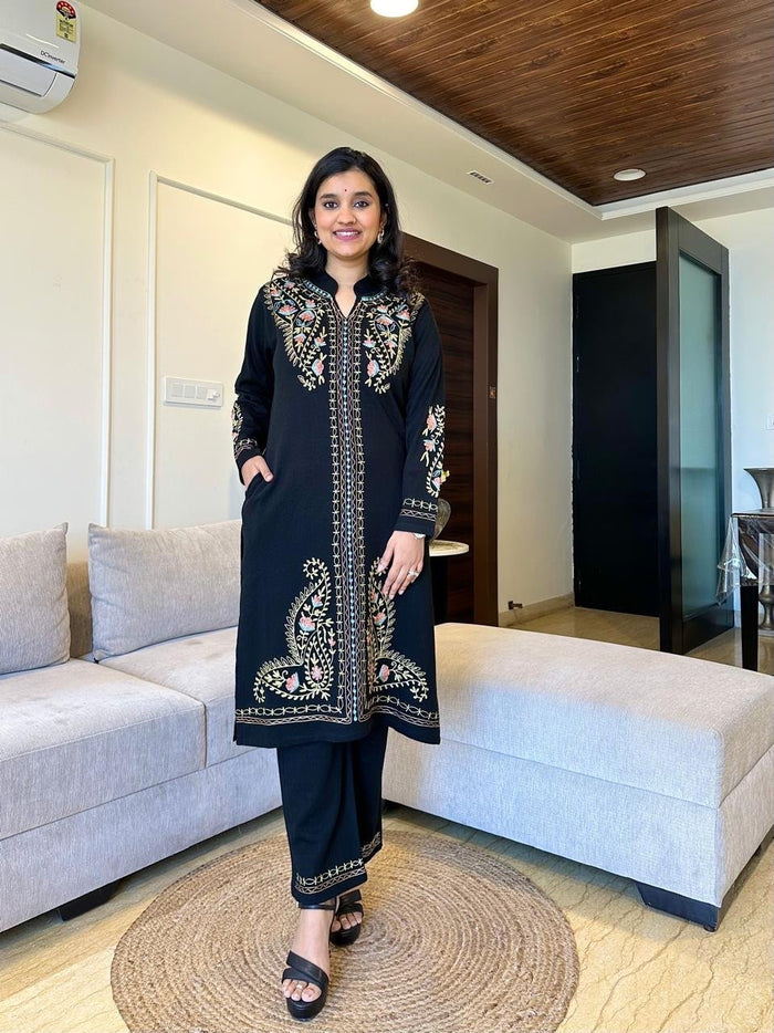 Saaya Woollen Luxe Embroidered Set- Black