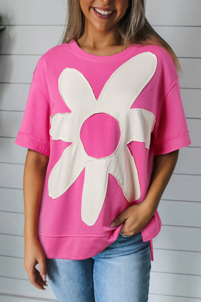 Sachet Pink Contrast Flower Drop Shoulder Loose T Shirt - S / 65% Polyester + 35% Cotton - Tops/Tops & Tees