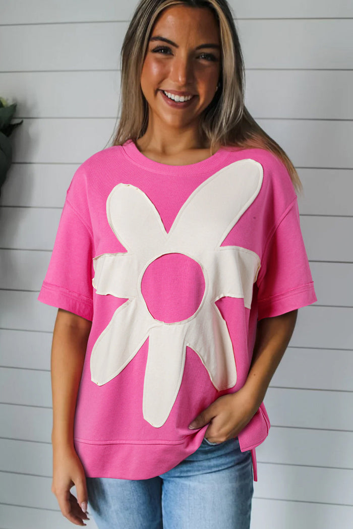 Sachet Pink Contrast Flower Drop Shoulder Loose T Shirt - Tops/Tops & Tees