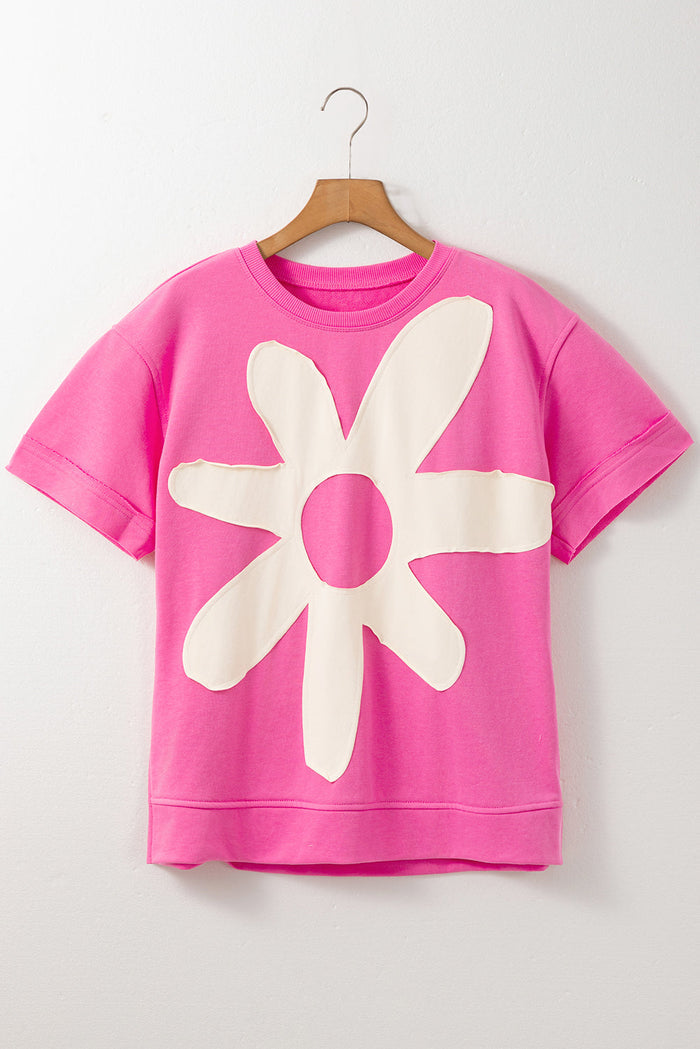 Sachet Pink Contrast Flower Drop Shoulder Loose T Shirt - Tops/Tops & Tees