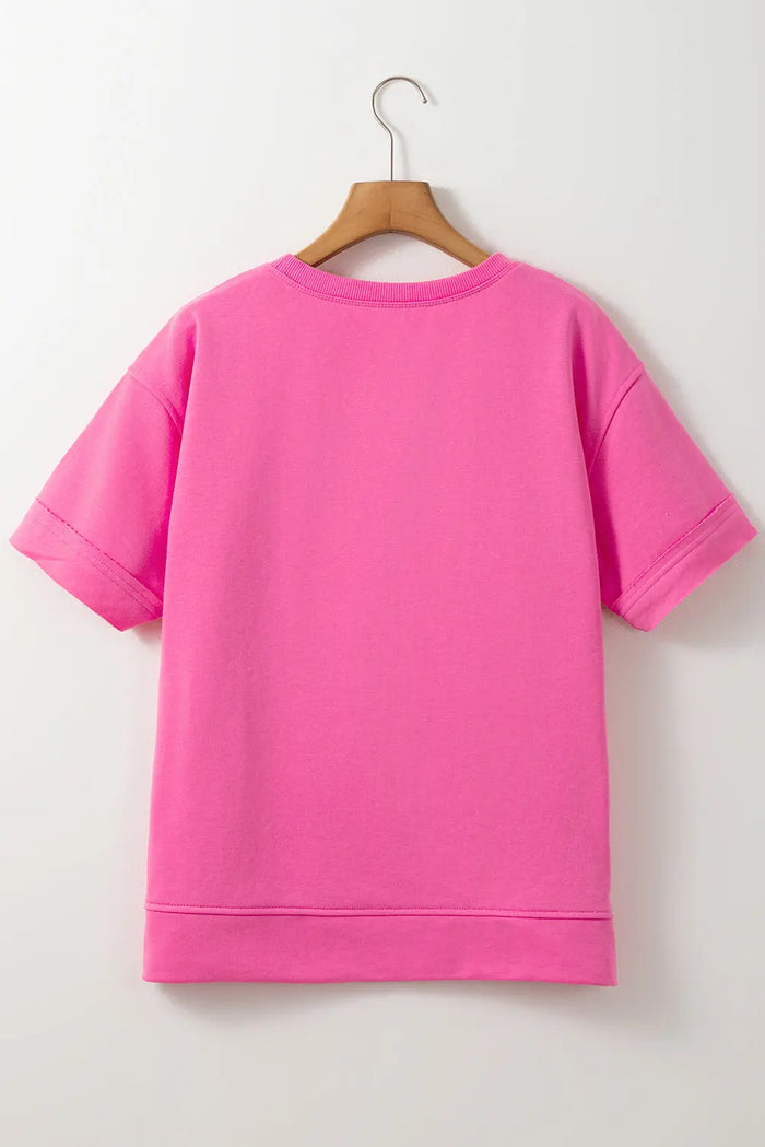 Sachet Pink Contrast Flower Drop Shoulder Loose T Shirt - Tops/Tops & Tees
