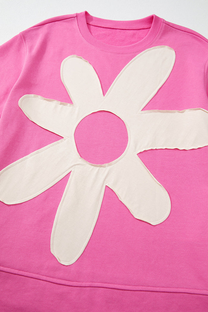 Sachet Pink Contrast Flower Drop Shoulder Loose T Shirt - Tops/Tops & Tees
