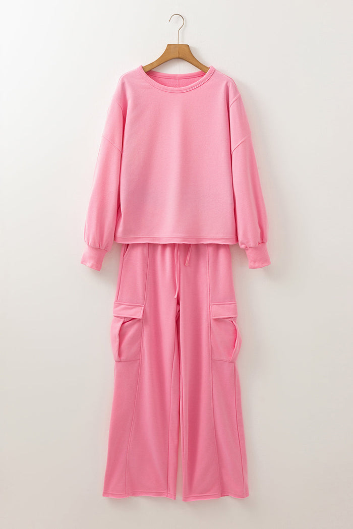 Sachet Pink Solid Colour Patchwork Pullover Top and Cargo Trousers Set - SACHET PINK / S / 65% POLYESTER + 35% COTTON