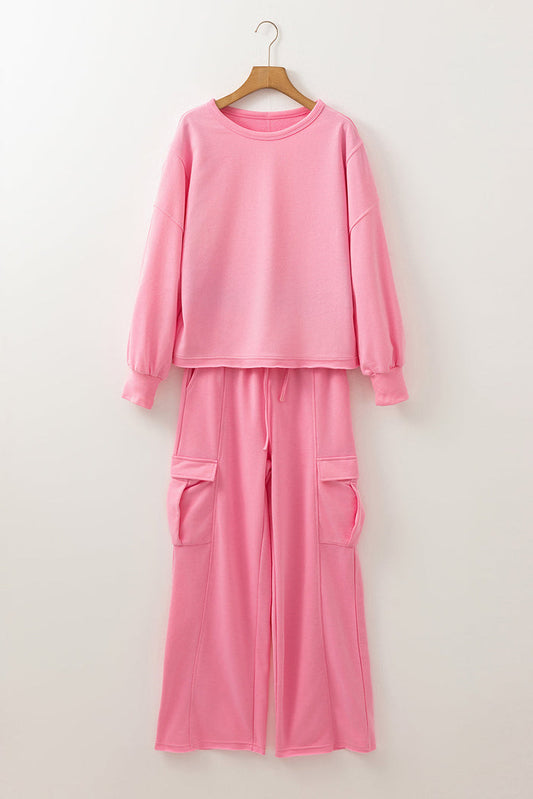 Sachet Pink Solid Colour Patchwork Pullover Top and Cargo Trousers Set - SACHET PINK / S / 65% POLYESTER + 35% COTTON
