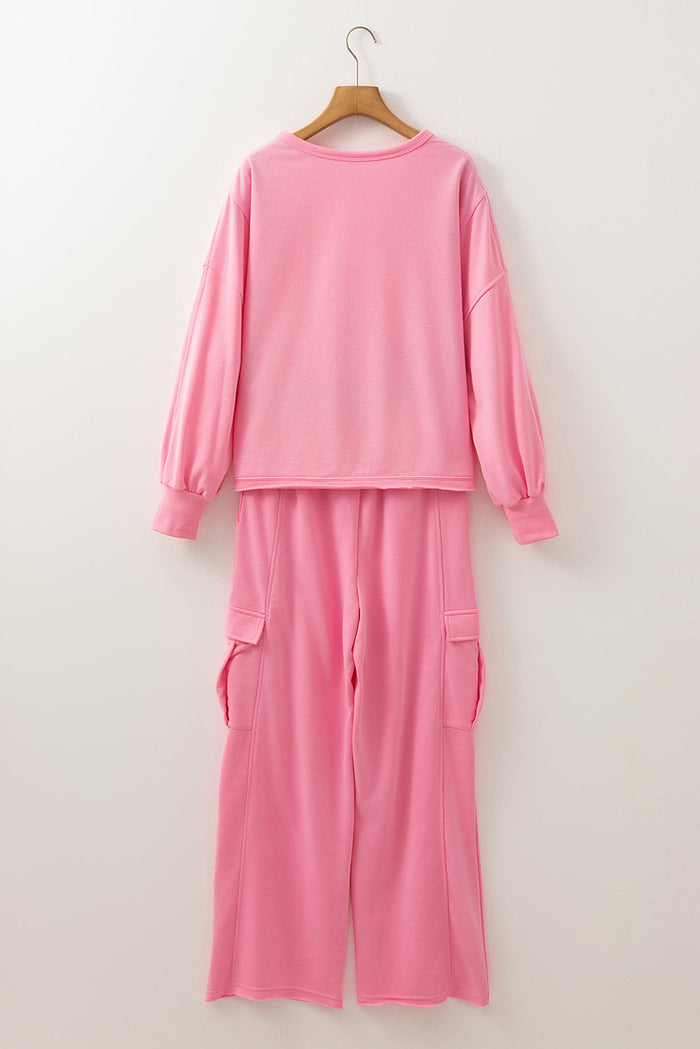 Sachet Pink Solid Colour Patchwork Pullover Top and Cargo Trousers Set - Two Piece Sets/Pant Sets