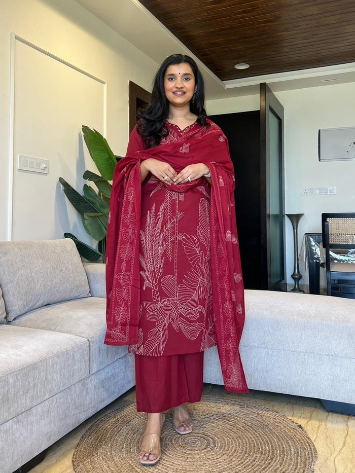 Sakshi Printed Pure Cotton Suit- Maroon