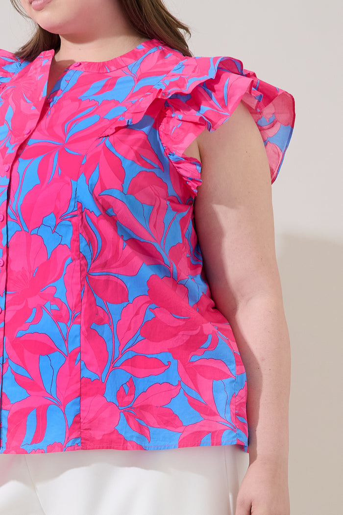 Sammi Button Down Ruffle Top Meira Floral Curve