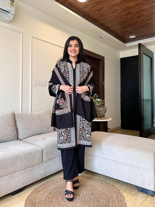 Sarah Woolen Luxe Embroidered Suit Set- Black