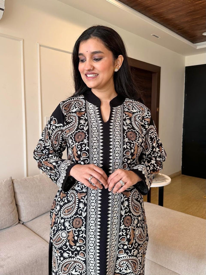 Sarah Woolen Luxe Embroidered Suit Set- Black