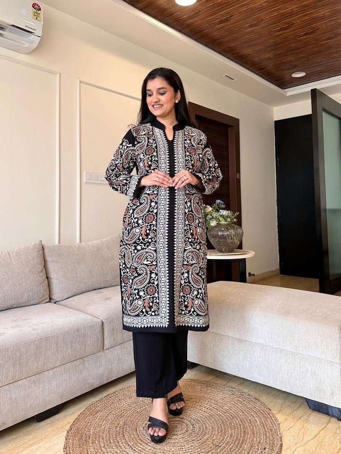 Sarah Woolen Luxe Embroidered Suit Set- Black