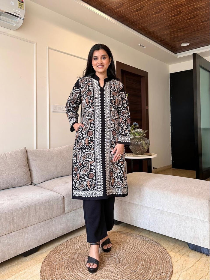 Sarah Woolen Luxe Embroidered Suit Set- Black