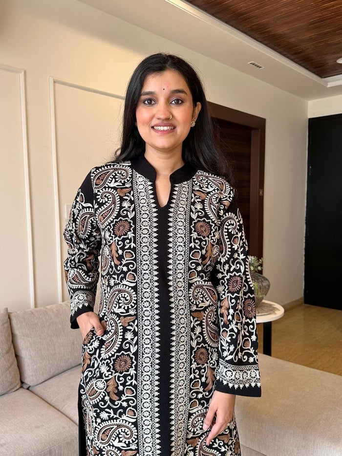 Sarah Woolen Luxe Embroidered Suit Set- Black