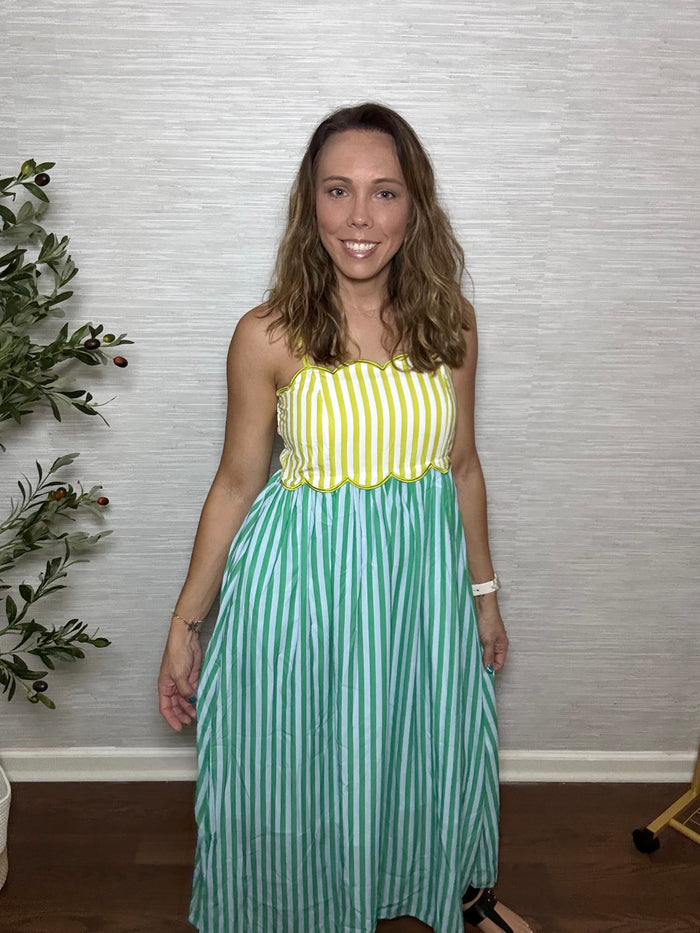 Scalloped Stripe Tie-Shoulder Midi Dress