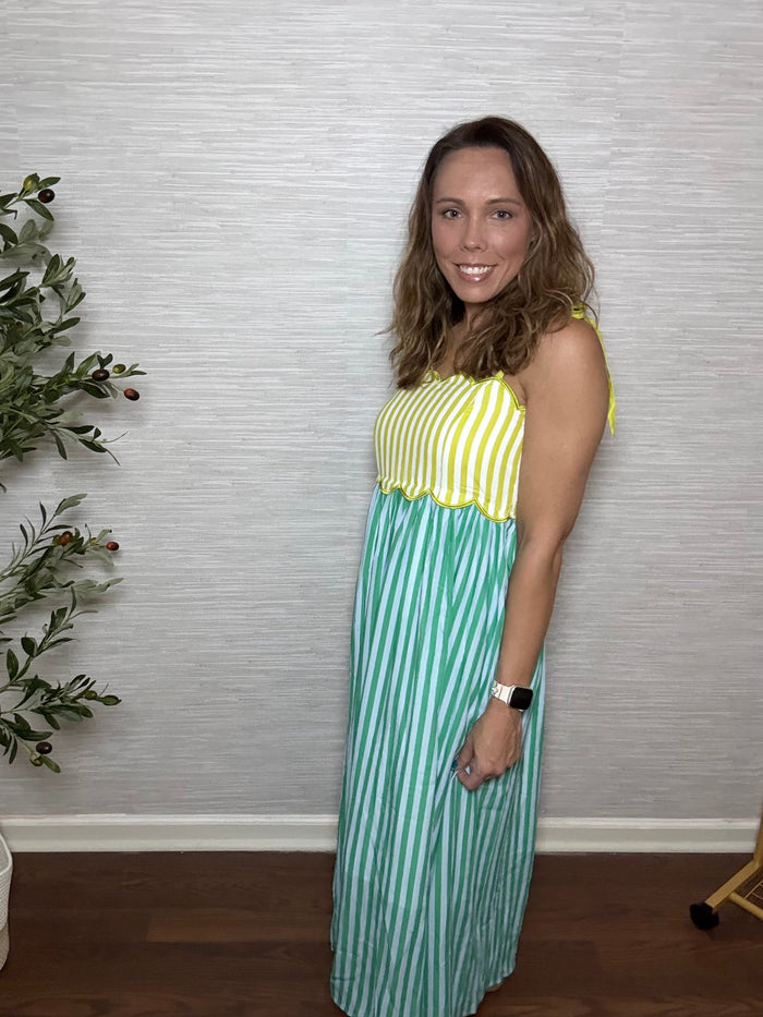 Scalloped Stripe Tie-Shoulder Midi Dress