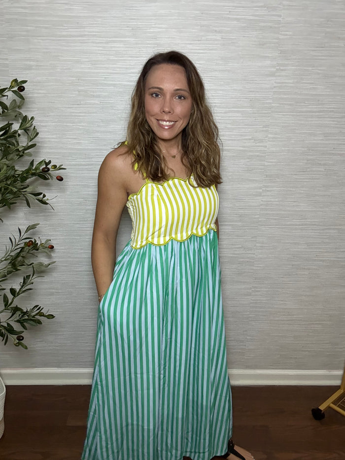 Scalloped Stripe Tie-Shoulder Midi Dress