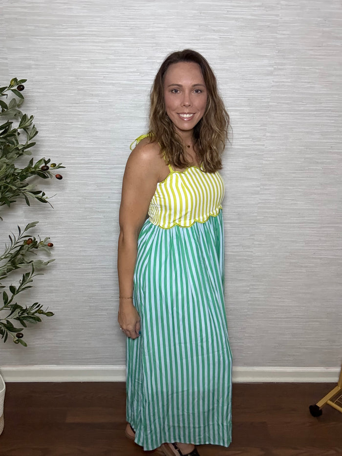 Scalloped Stripe Tie-Shoulder Midi Dress