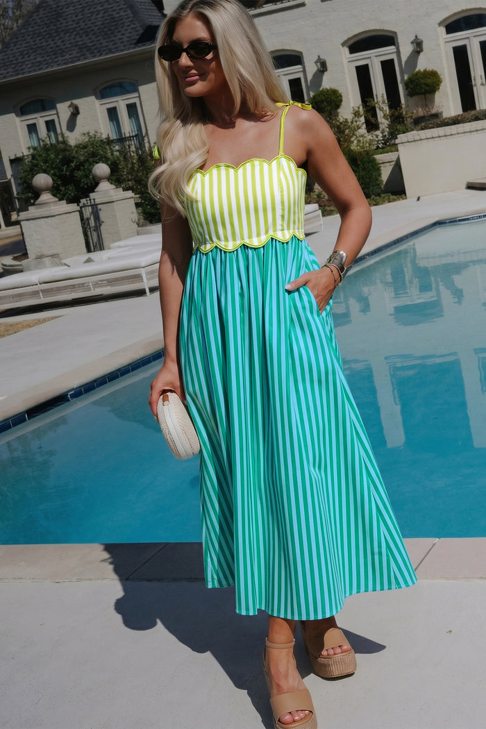Scalloped Stripe Tie-Shoulder Midi Dress