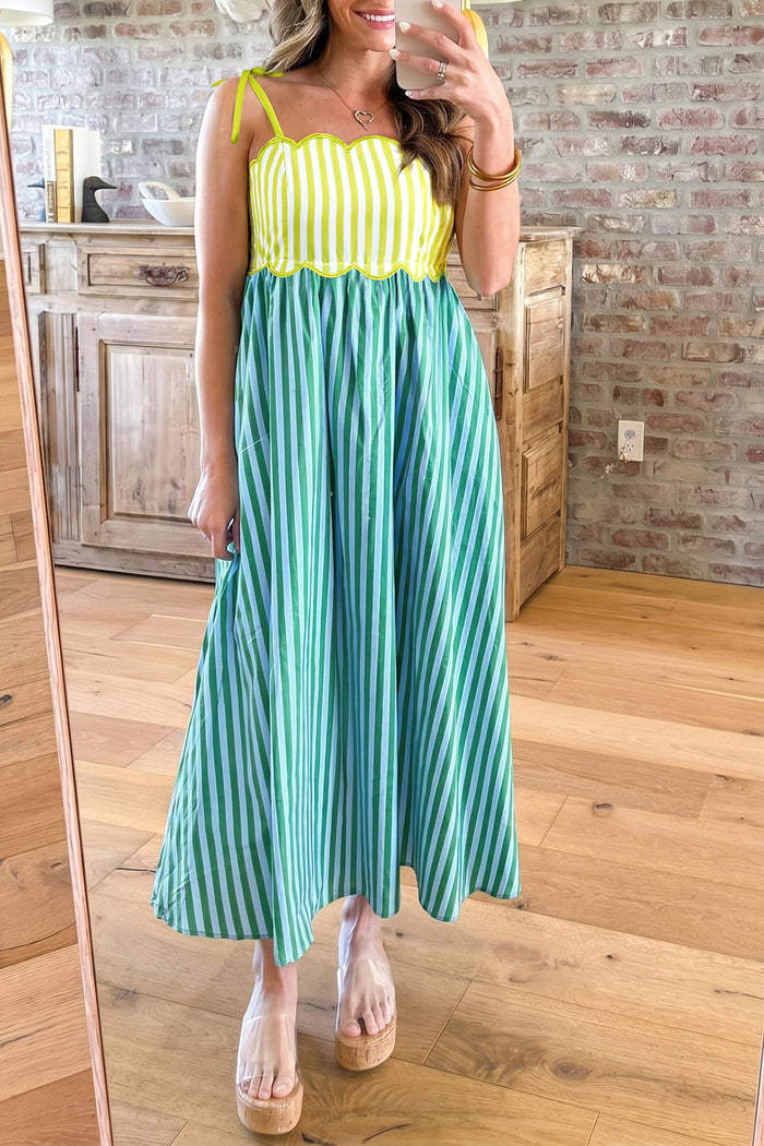 Scalloped Stripe Tie-Shoulder Midi Dress
