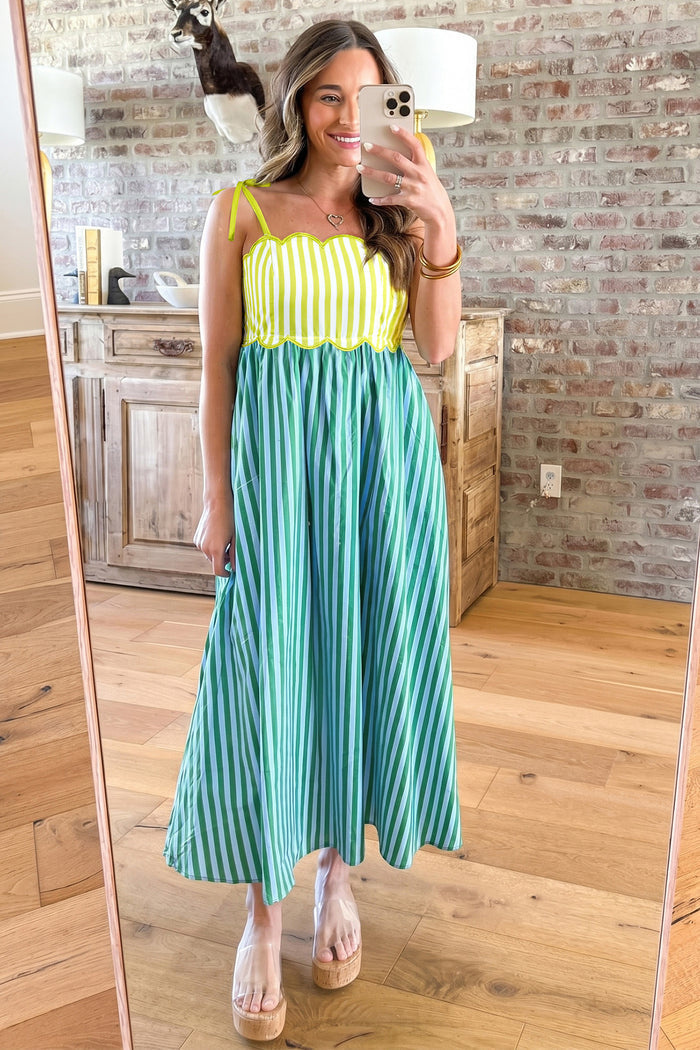 Scalloped Stripe Tie-Shoulder Midi Dress